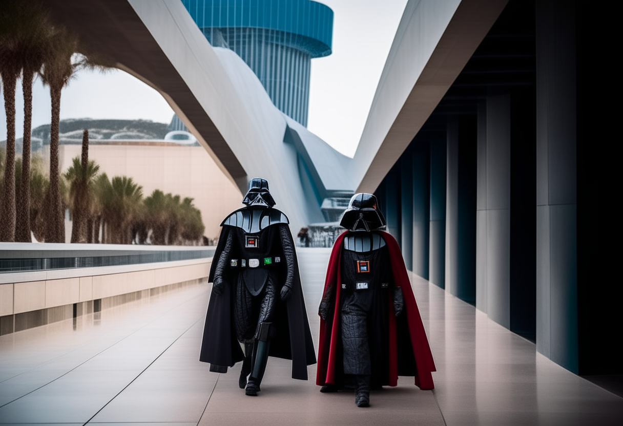 Darth Vader and other Star Wars villains such as Emperor Palpatine, General Grievous and Boba Fett walking together through the futuristic architecture of the City of Arts and Sciences in Valencia, Spain.