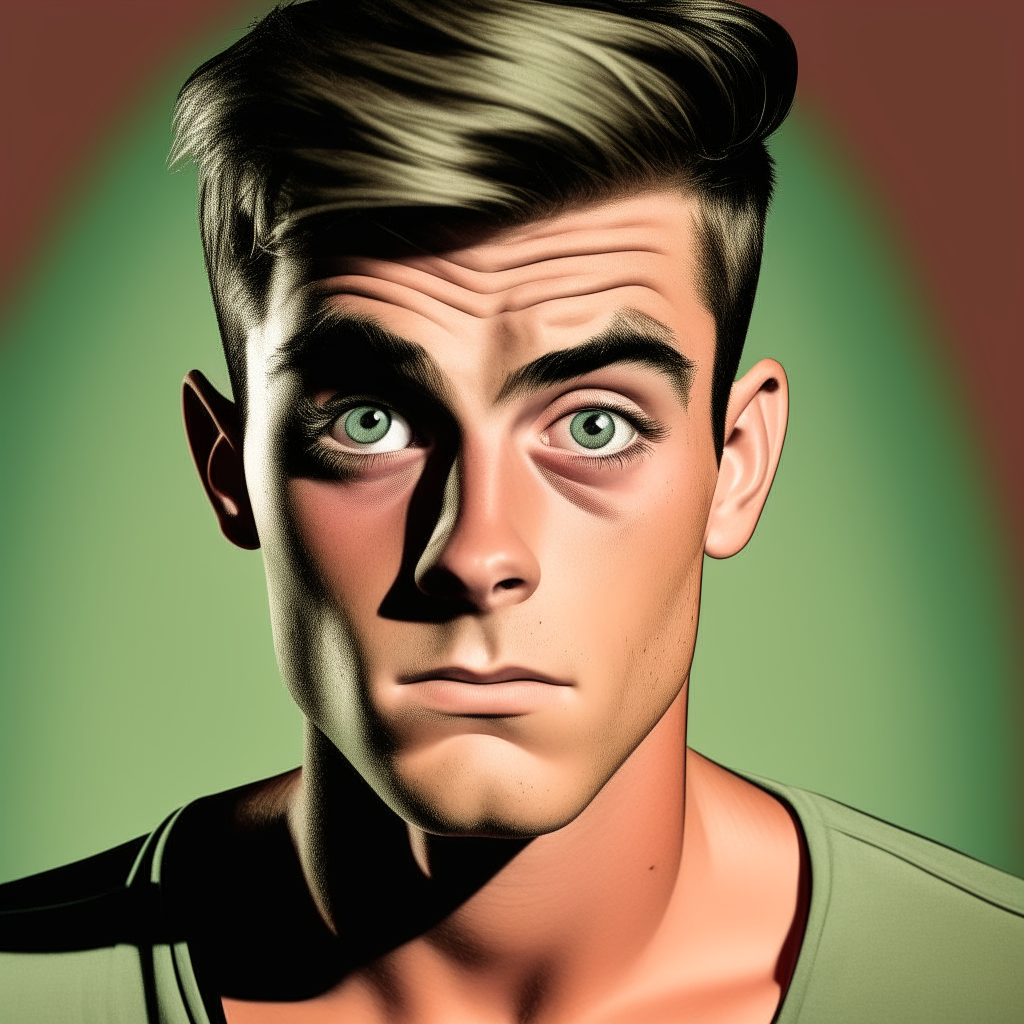 A cartoon comic book style portrait of the man from image-2, with exaggerated features like larger eyes and simplified shapes