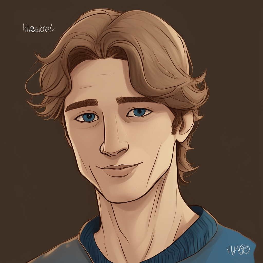 A portrait of Ethan Hardy in the art style of the drawing, with his light eyes, dark blond hair and athletic build depicted in a simplified graphic style
