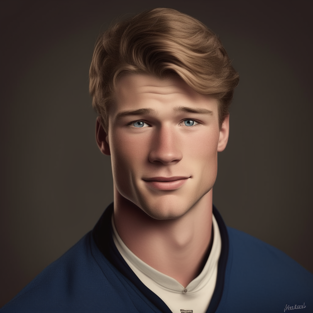 Portrait of Ethan Hardy with shorter, styled hair and a more muscular athletic build, suited to his position as quarterback on the football team