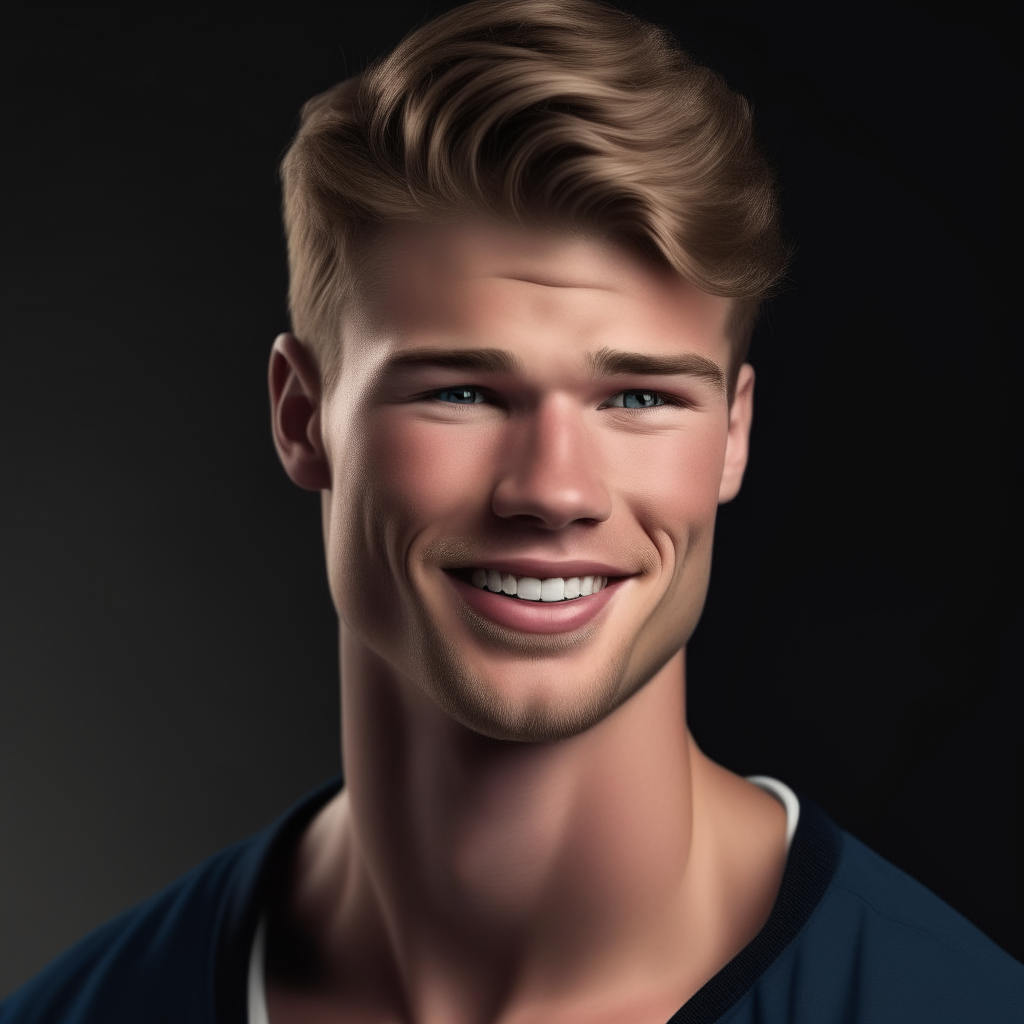 Portrait of Ethan Hardy looking directly at the camera with an attractive smile. His athletic physique and handsome features make him well-suited to modeling sportswear.