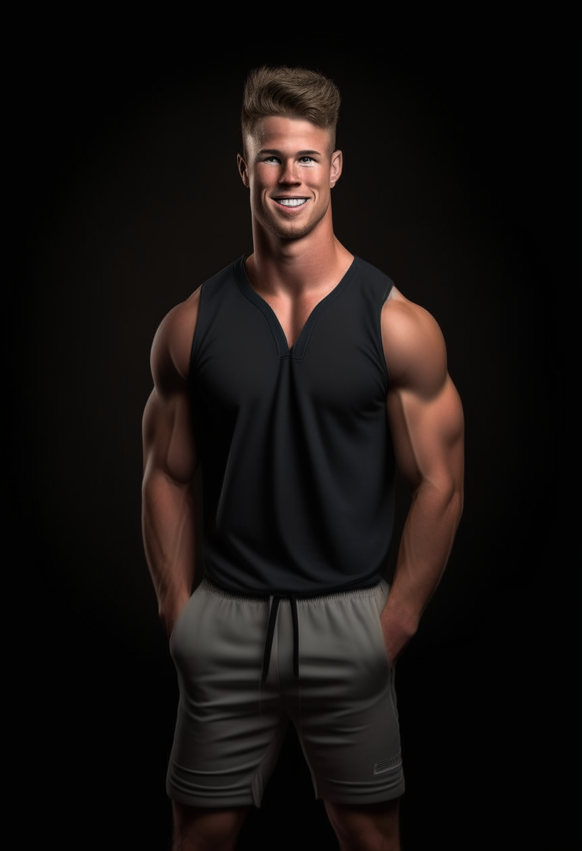 Full body portrait of Ethan Hardy showing his athletic physique in sportswear. He stands confidently with one hand on his hip to display his muscular build.