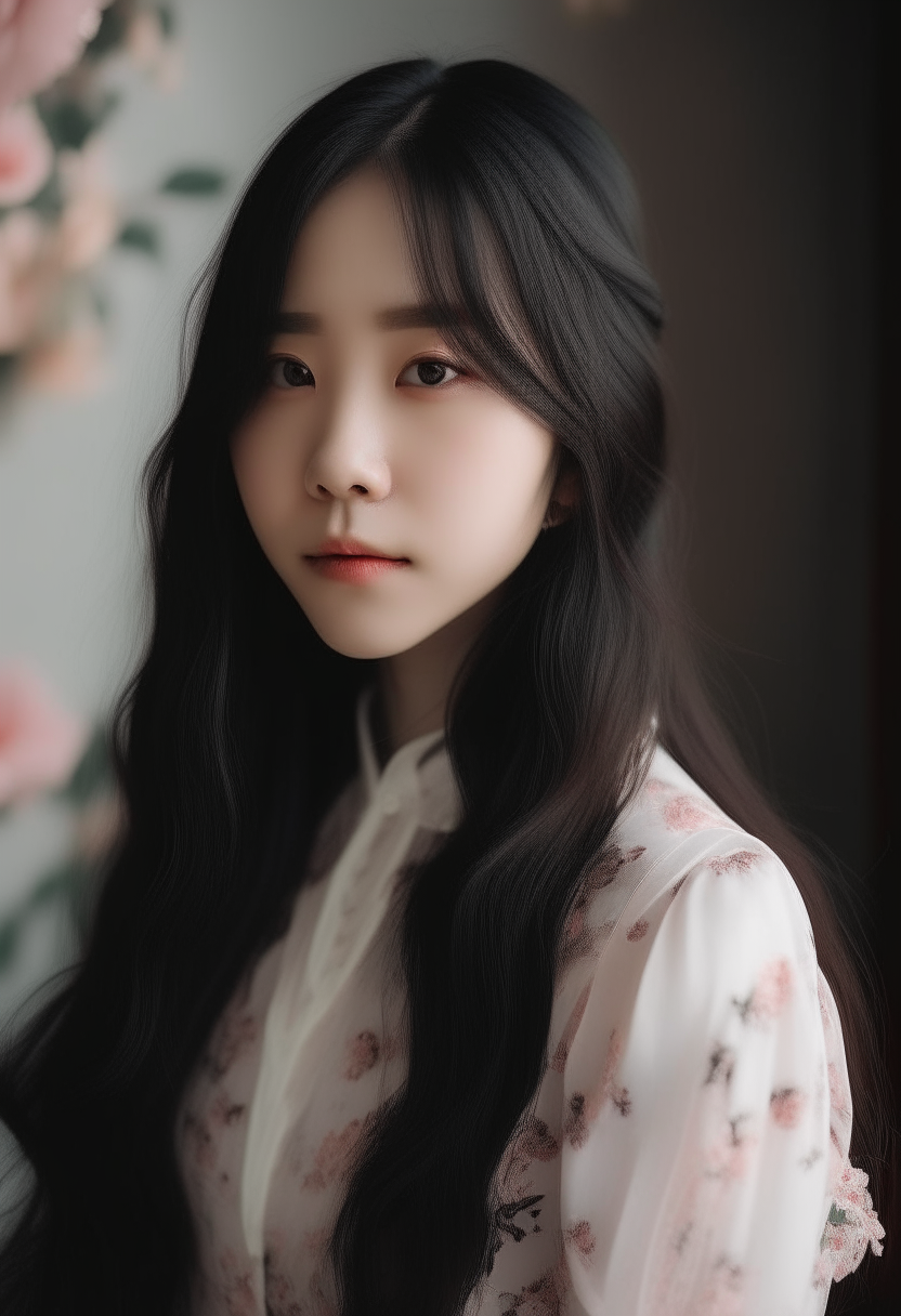 portrait of Yuki, a 19 year old Korean girl with long black hair and dark brown eyes, wearing a flowing white dress with pink floral patterns in a Korean style