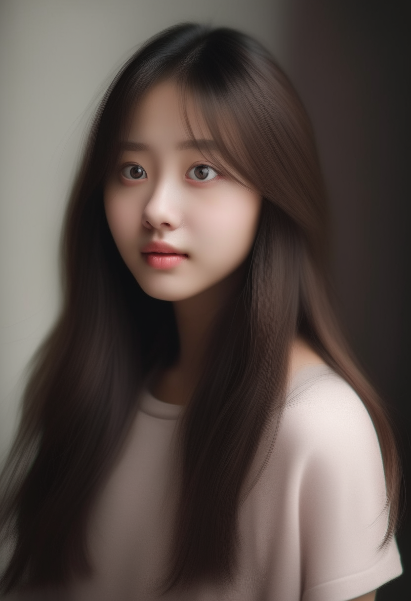 portrait of Yuki, a 19 year old Korean girl with rounder facial features, larger eyes with European eyelids, and a youthful appearance