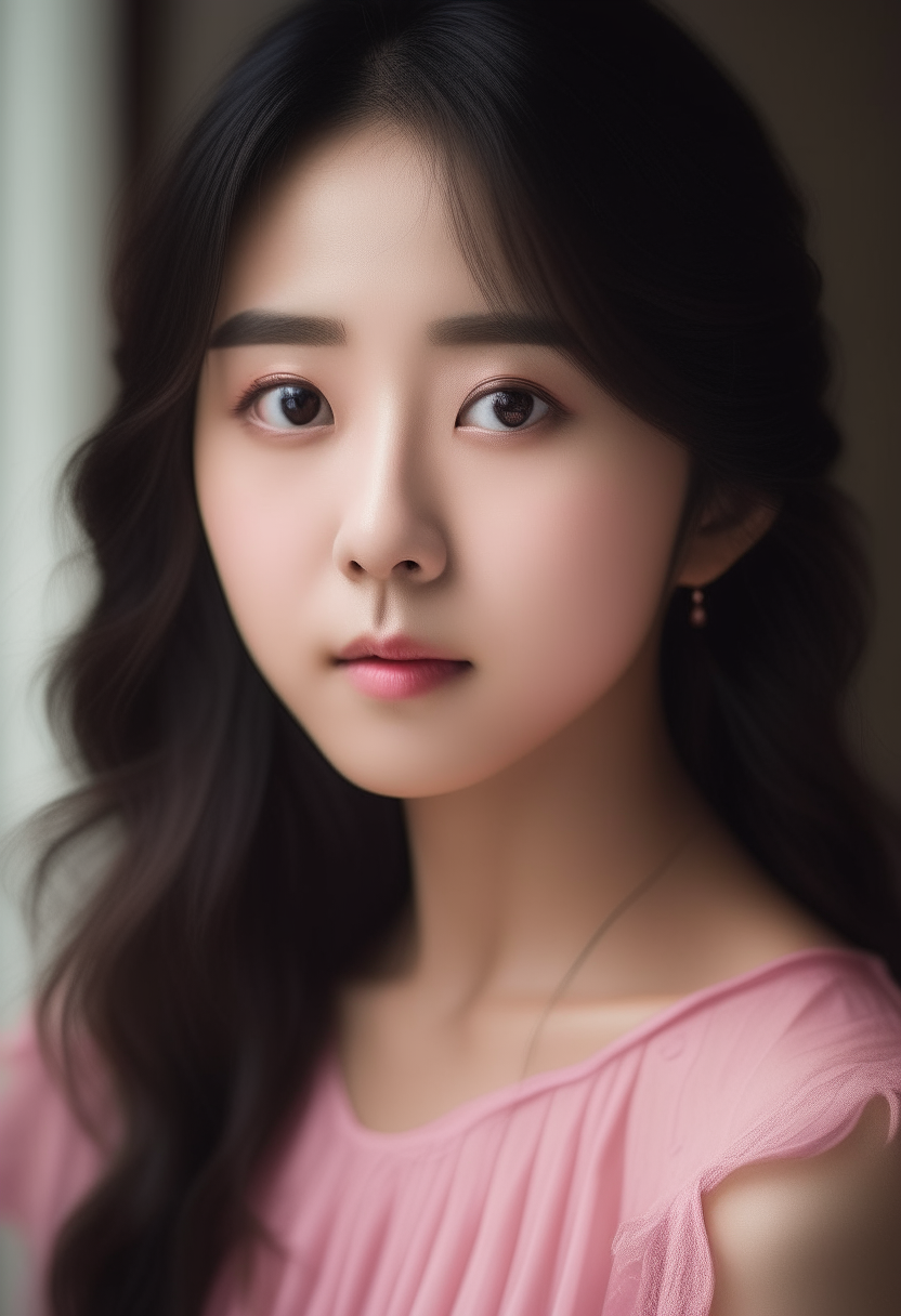 portrait of Yuki, a 19 year old Korean girl with European and Korean heritage, dark hair and eyes, round youthful facial features including a small nose and full lips, wearing a flowing pink dress