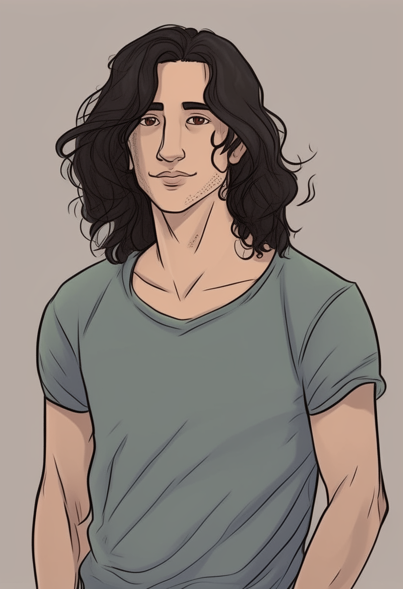 A tall, athletic young man with long black wavy hair and light eyes. He has an ectomorph body type and is wearing casual clothes including jeans and a t-shirt that are a bit worn due to his limited budget.