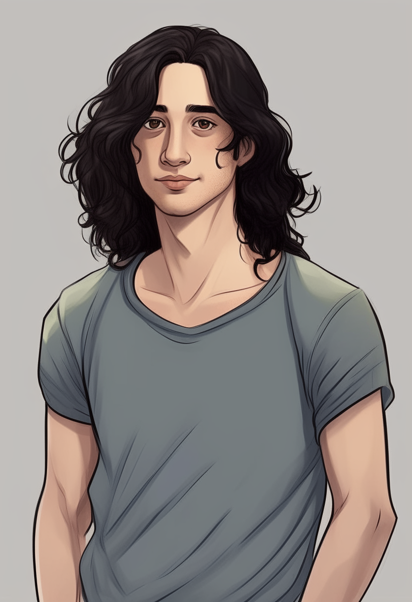 A realistic portrait of a tall, athletic young man with long black wavy hair and light eyes. He has an ectomorph body type and is wearing casual clothes including jeans and a t-shirt that are a bit worn due to his limited budget.