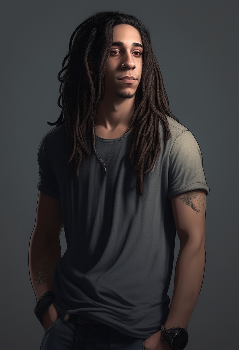 A tall, athletic young man with long black dreadlocks and light eyes. He has an ectomorph body type and is wearing worn jeans and t-shirt.