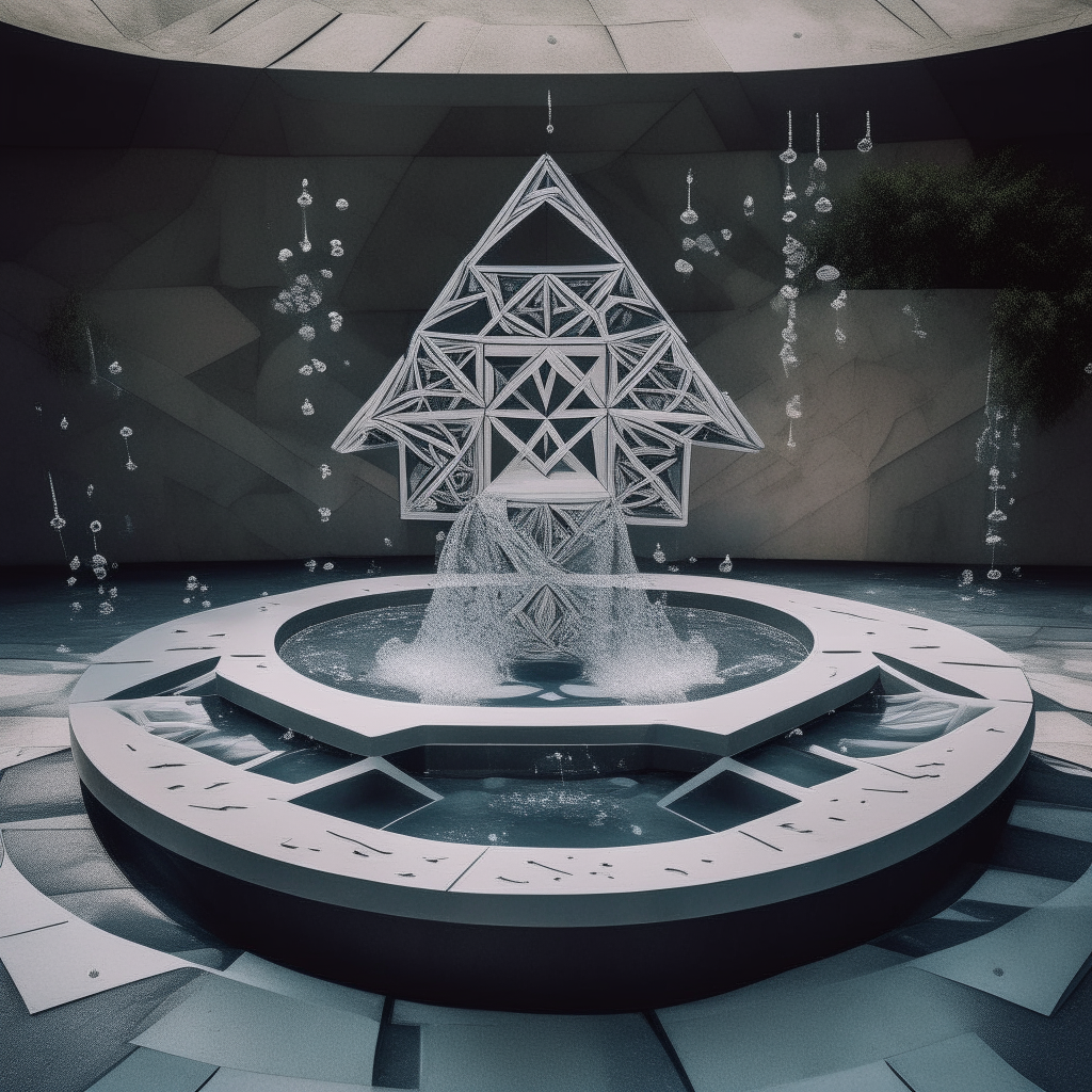 a water fountain surrounded by overlapping sacred geometry shapes like circles, spirals and triangles floating in space