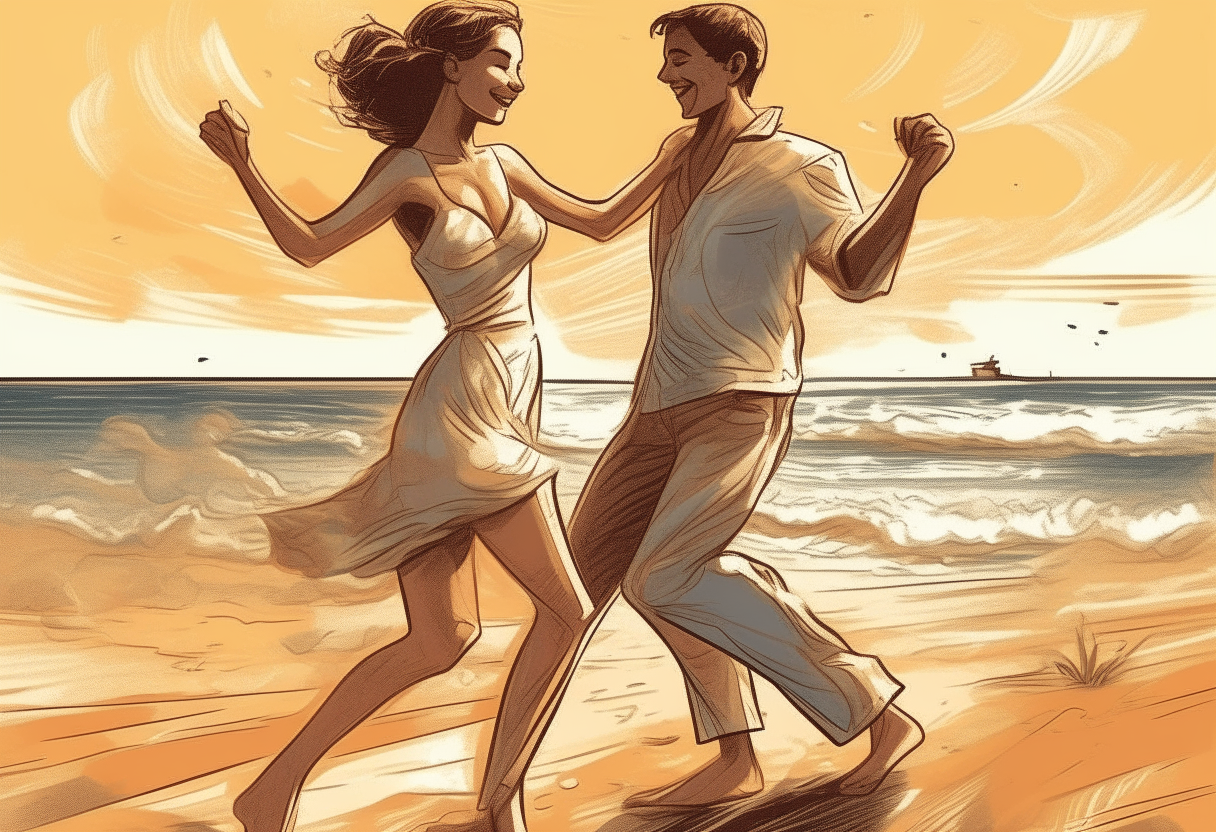 young man dancing wiht a woman in the beach, happy ambiance, concept by Godfrey Blow, featured on deviantart, drawing, sots art, lyco art, artwork, photoillustration, poster art