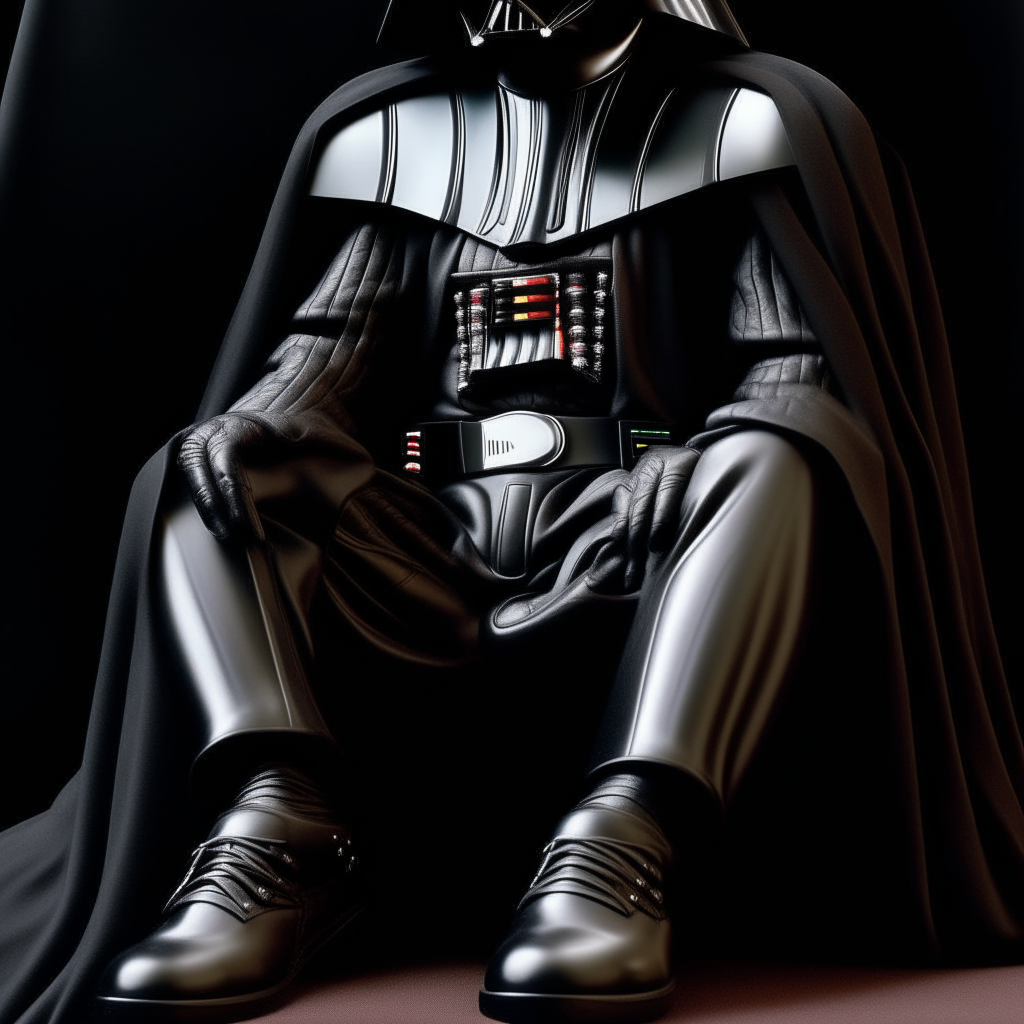 a close-up portrait of Darth Vader from the feet up, showing his black boots and robes