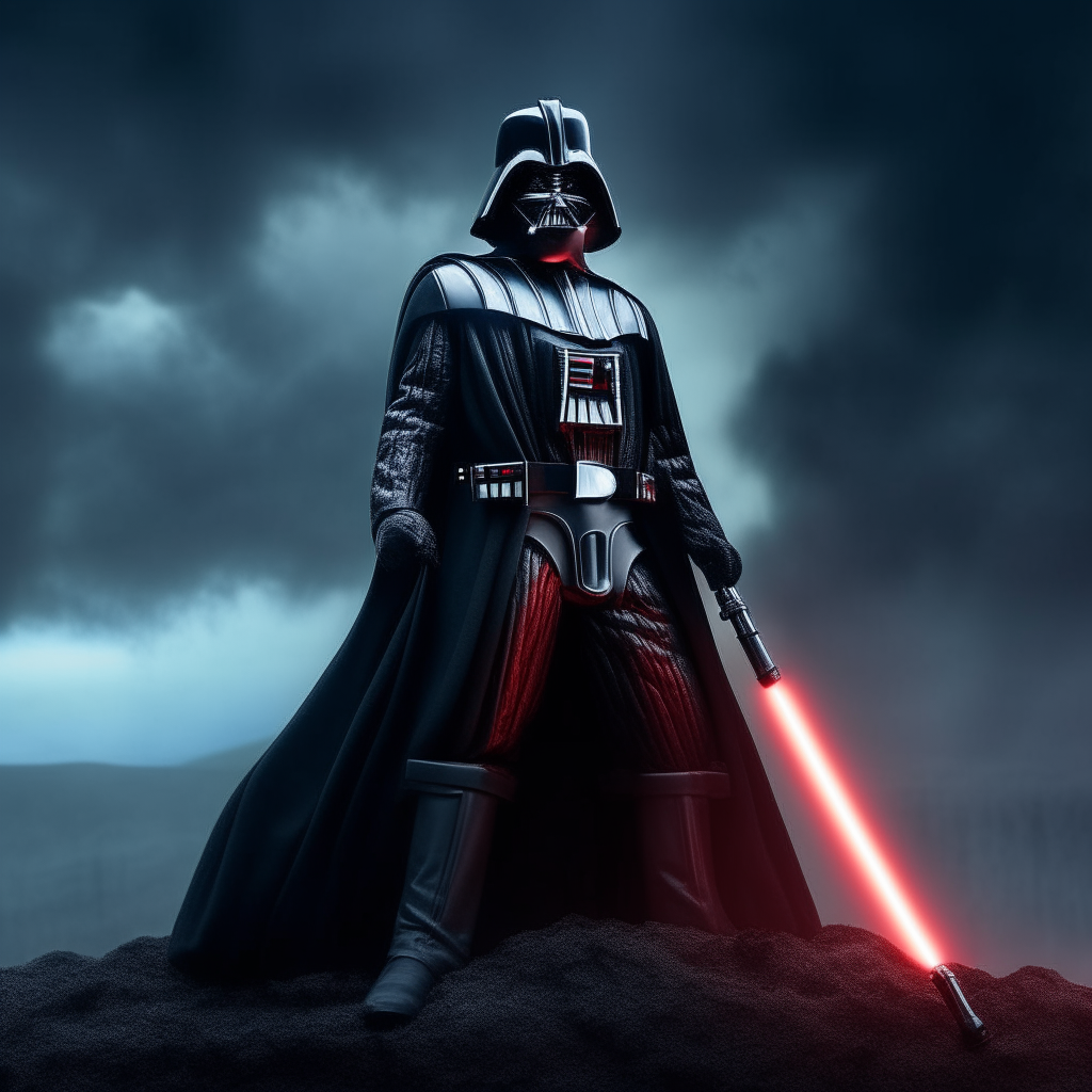 Darth Vader standing with his lightsaber ignited, shown from the feet up on a dark planet