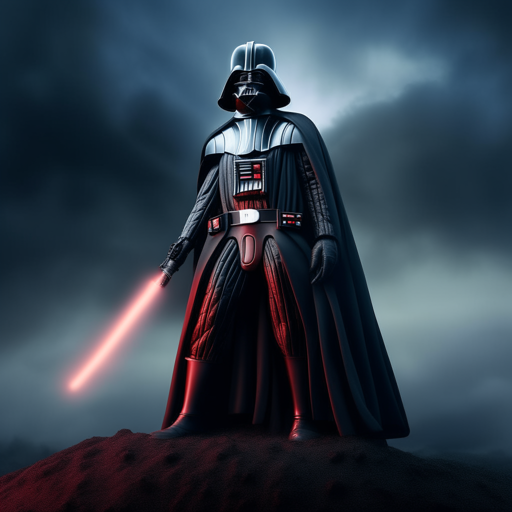 a high-resolution 4K portrait of Darth Vader standing with his lightsaber ignited, shown from the feet up on a dark planet