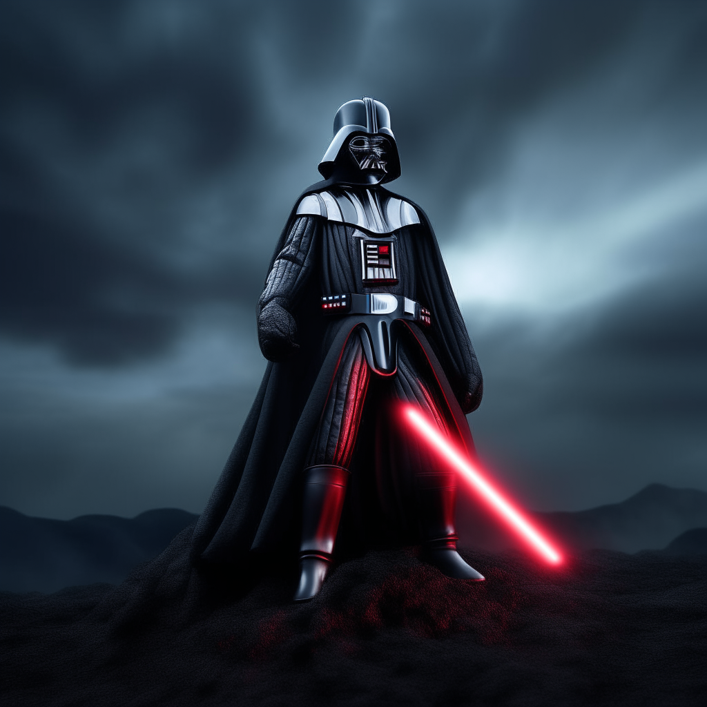 an ultra-detailed 8K version of Darth Vader standing with his lightsaber ignited, shown from the feet up on a dark volcanic planet