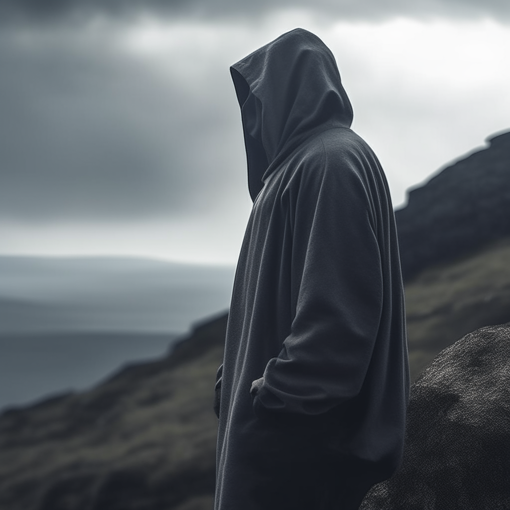 a hooded figure gazing into the distance on a rocky terrain