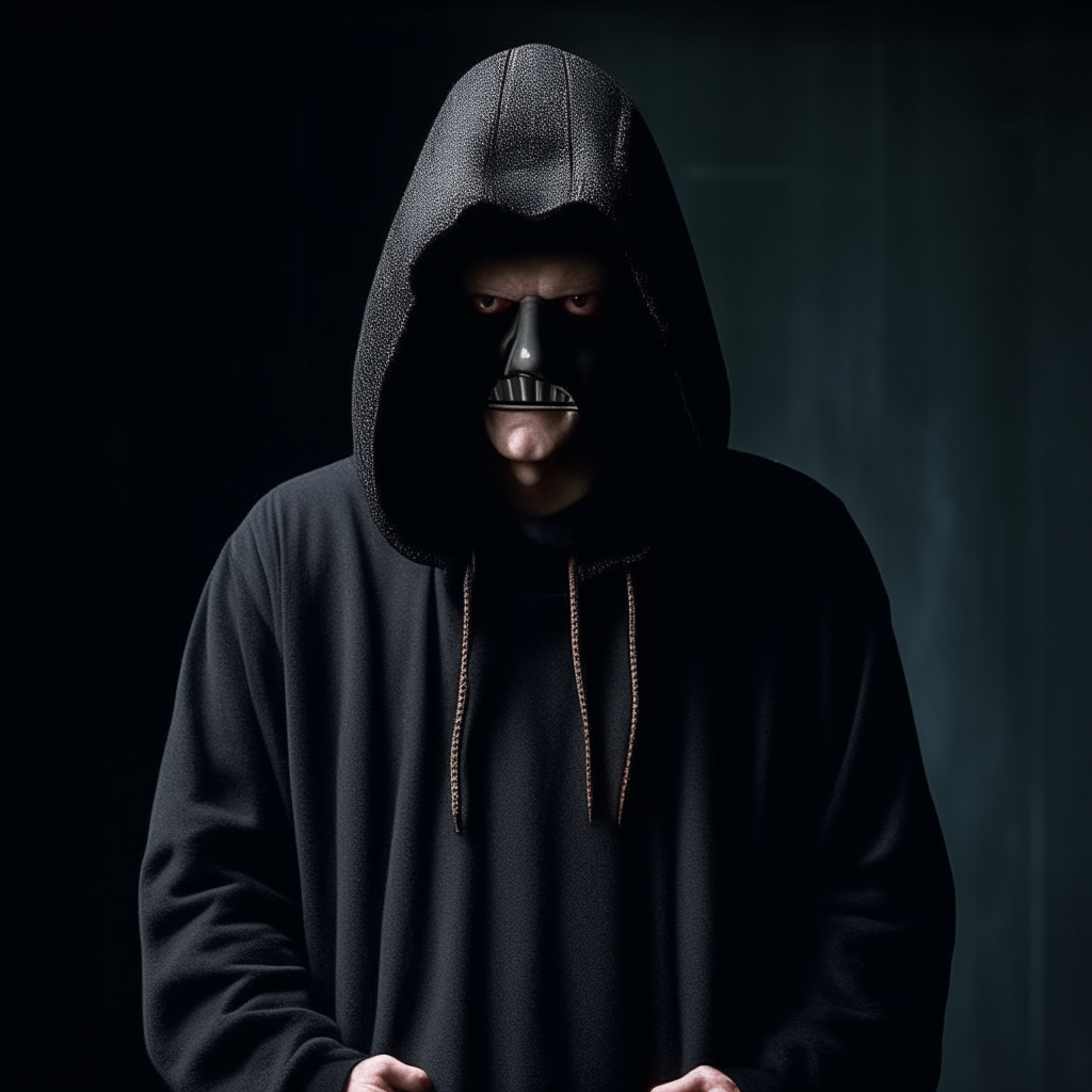 a full-body portrait of the man in the hoodie and Star Wars mask from the uploaded image, standing with hands in pockets