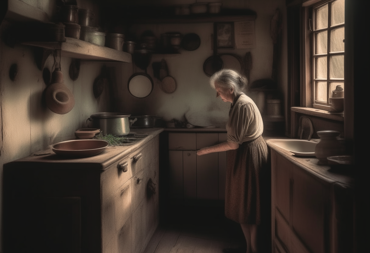 A woman in old kitchen 