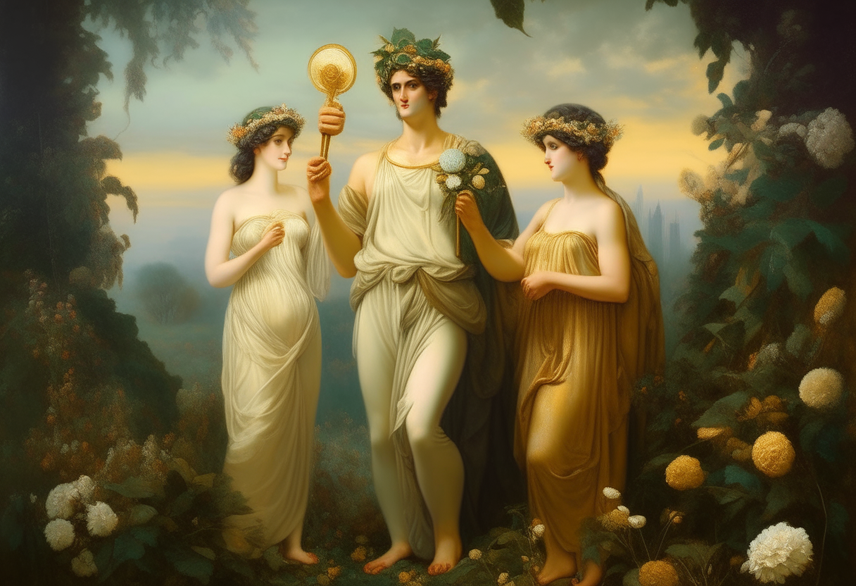 Athena, Hera and Aphrodite in a heavenly garden overlooking Paris, a young Greek man in a tunic holding a golden apple. Highly detailed figures, lush greenery and flowers, dramatic lighting in a cinematic style.