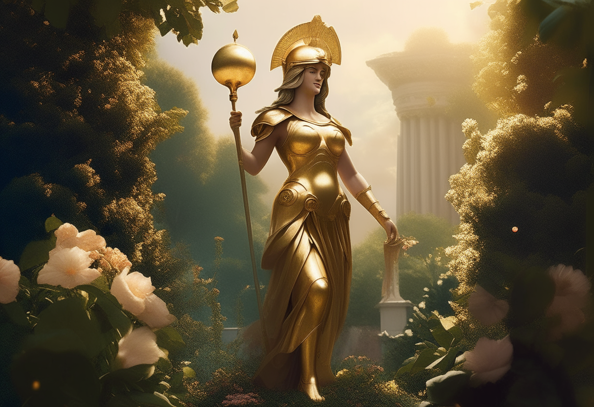 Athena stands in a heavenly garden overlooking Paris holding the golden apple. She wears armor and holds her spear, with her round shield resting at her sandaled feet. Lush greenery and flowers are visible behind her dramatic figure, lit with soft sunlight in a cinematic style.