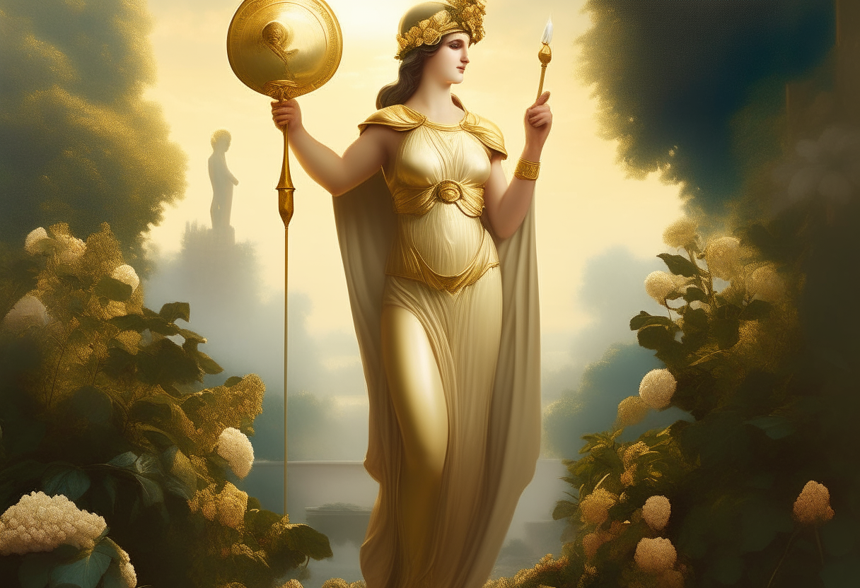 Athena stands in a heavenly garden overlooking Paris holding the golden apple. She wears armor and holds her spear, with her round shield resting at her sandaled feet. Behind her, Hera appears in a flowing white tunic amidst lush greenery and flowers, both figures lit with soft sunlight in a cinematic style.