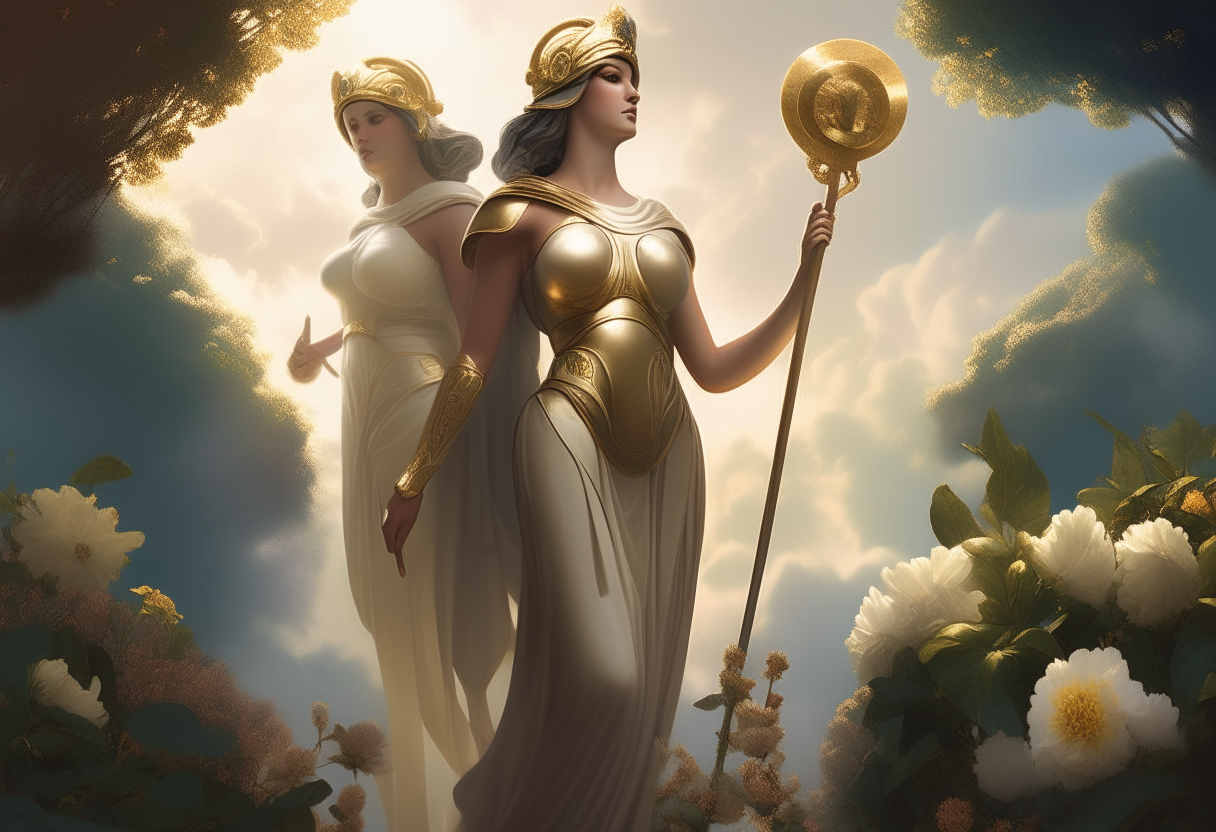 Athena stands in armor with her spear and shield, gazing into the distance amidst greenery and clouds lit by soft sunlight. Beside her, Hera appears in a flowing white tunic amidst flowers and foliage in the same dramatic lighting style.