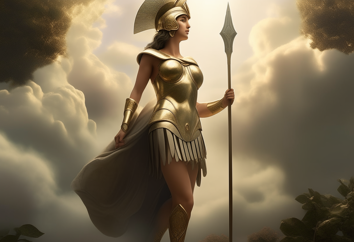 Athena stands amidst greenery and clouds, wearing armor with her Corinthian helmet and round shield at her sandaled feet. She gazes into the distance holding her spear, lit by soft sunlight in a dramatic cinematic style.