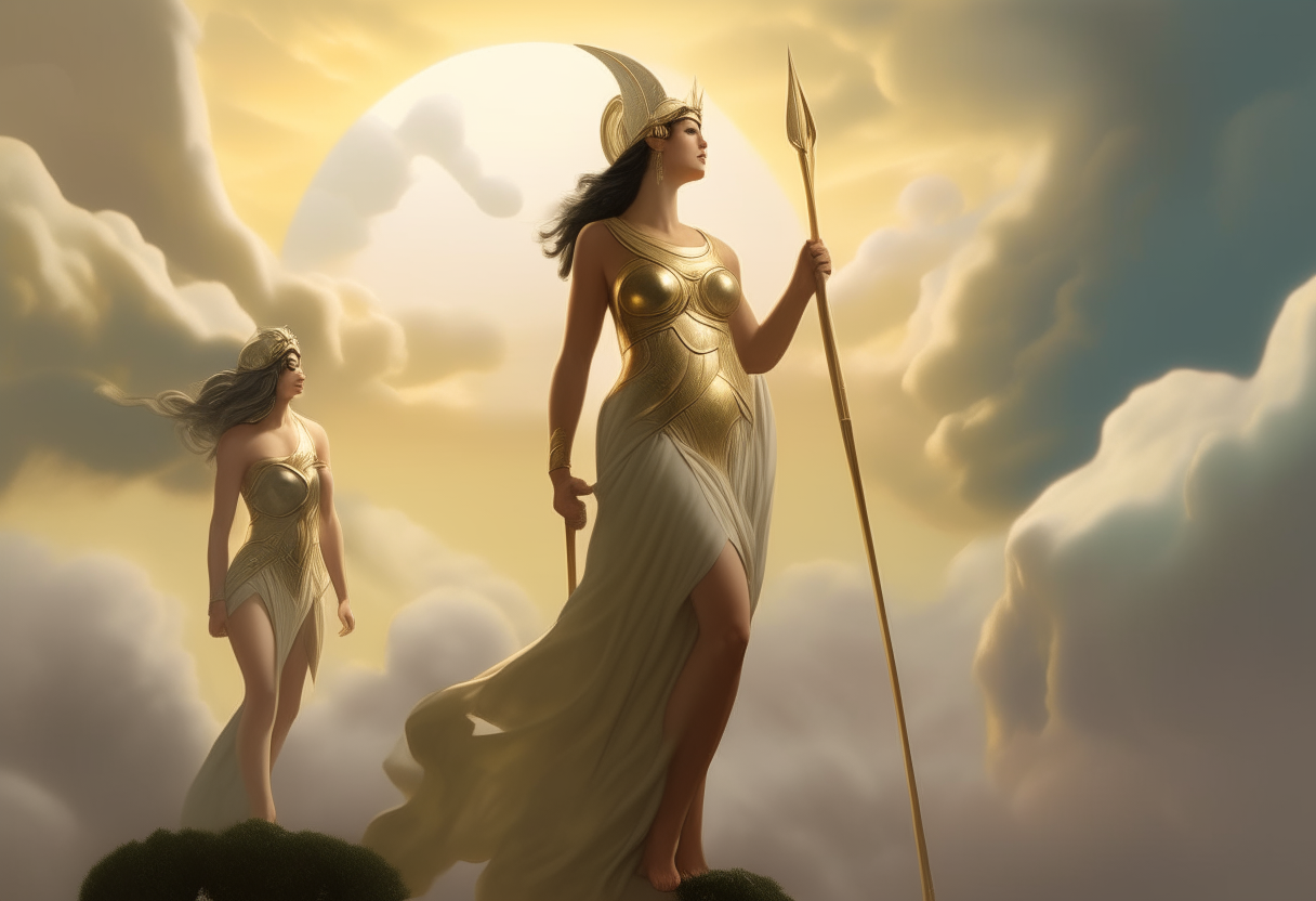 Athena stands amidst greenery and clouds, gazing into the distance holding her spear. Beside her, Hera appears in a flowing white tunic, and Venus stands nearby wearing a flowing dress. They are lit by soft sunlight in a dramatic cinematic style.