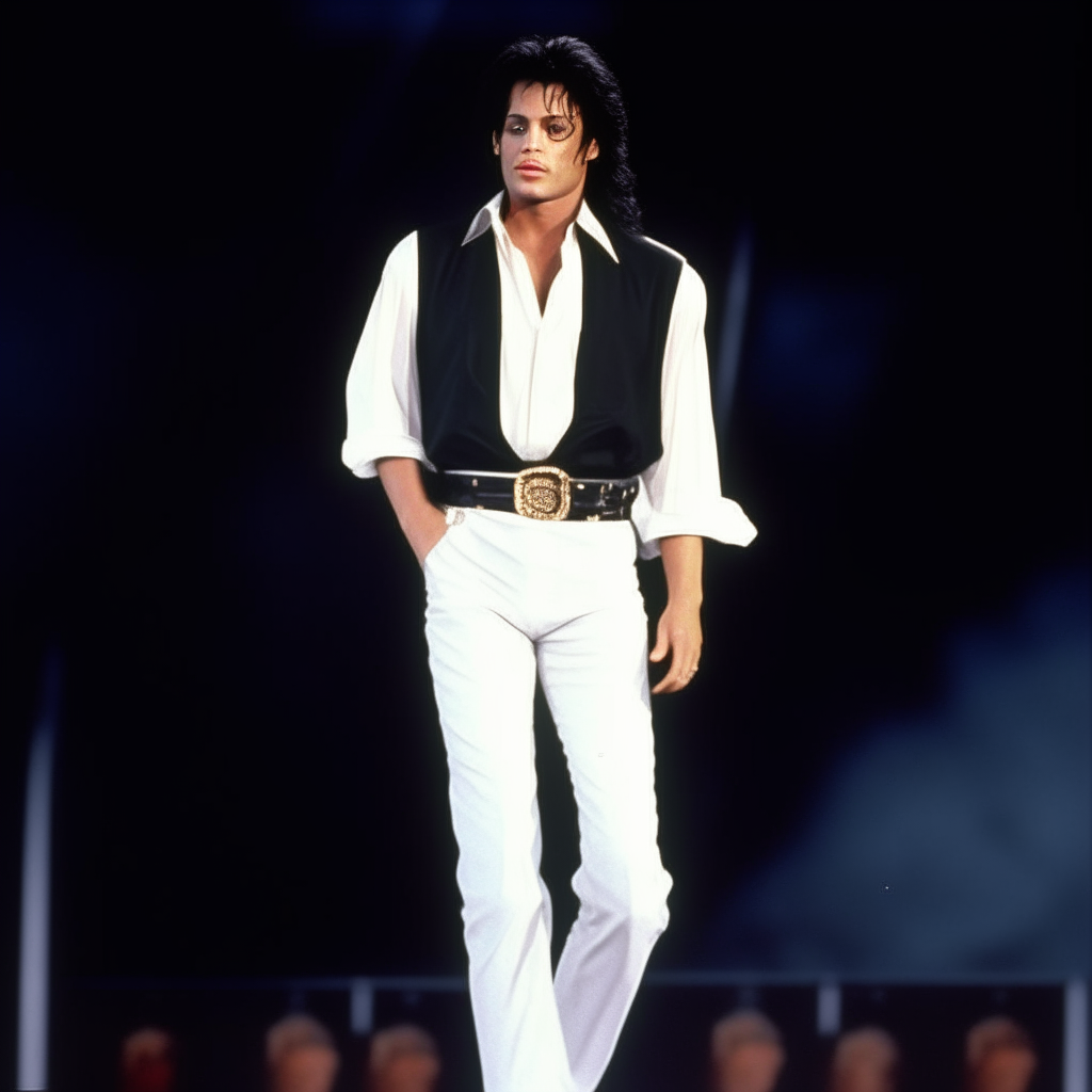 portrait of Michael Jackson wearing a white shirt and black pants, standing on a stage