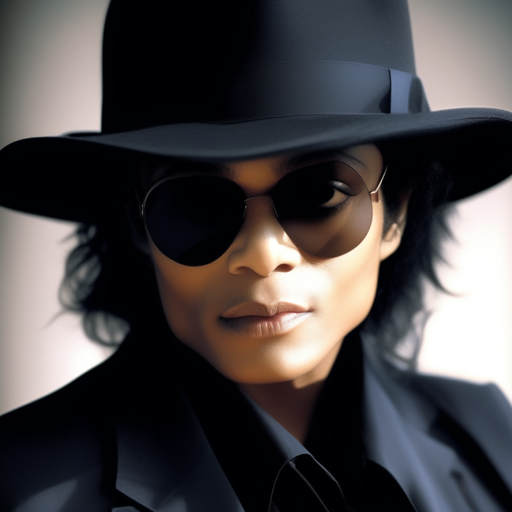 headshot of Michael Jackson wearing sunglasses and a black fedora