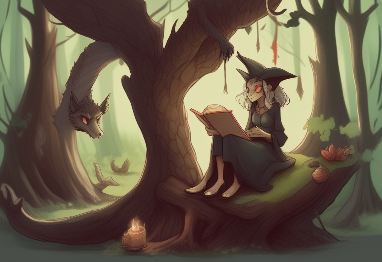 A witch with cat-like features sitting in a tree in the forest, reading a book. A dragon rests beside her.