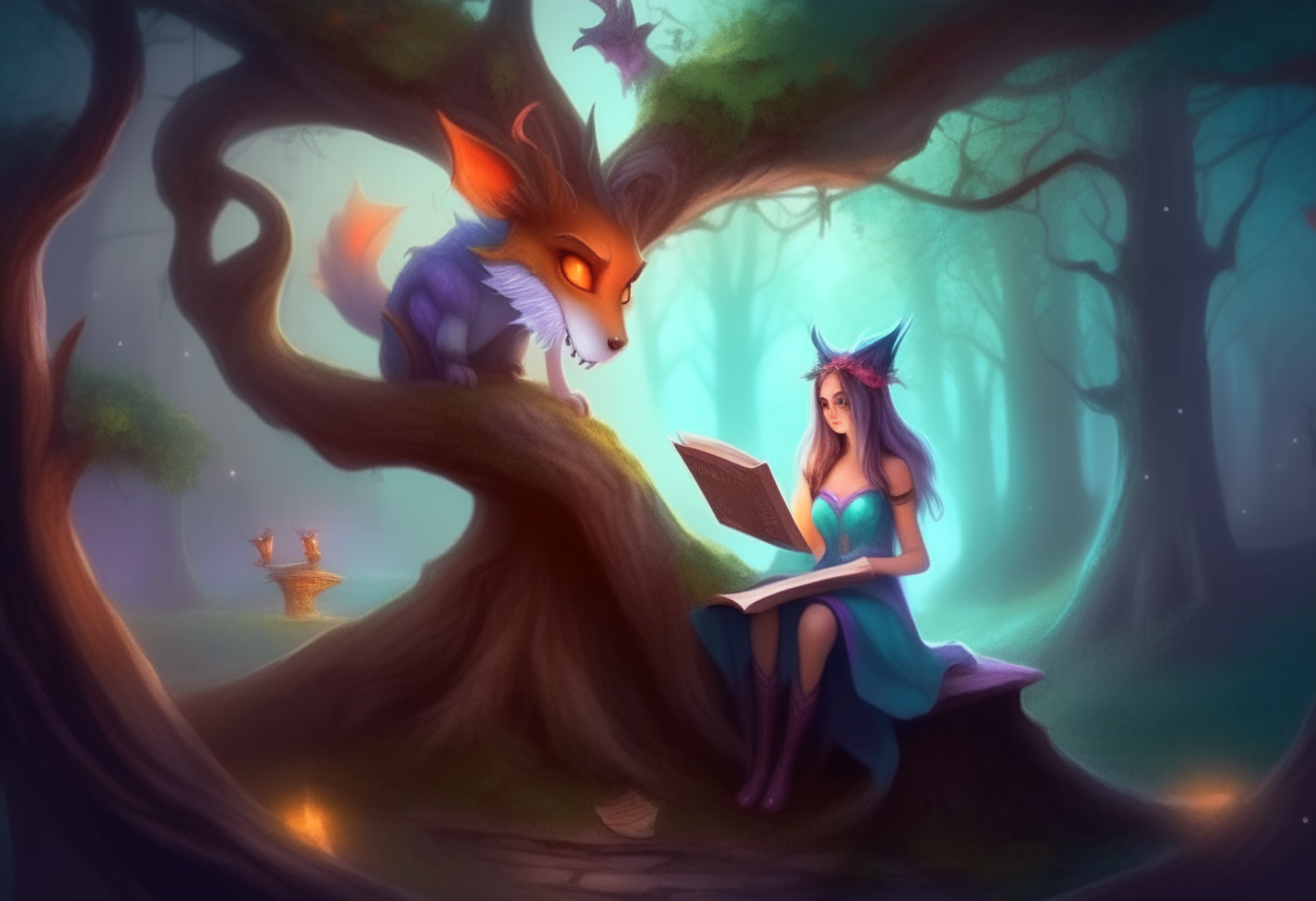 A beautiful witch with cat-like features sits in the branches of an old oak tree reading a spellbook. A colorful dragon rests beside her in the tree, gazing into the forest. Magical forest scene.