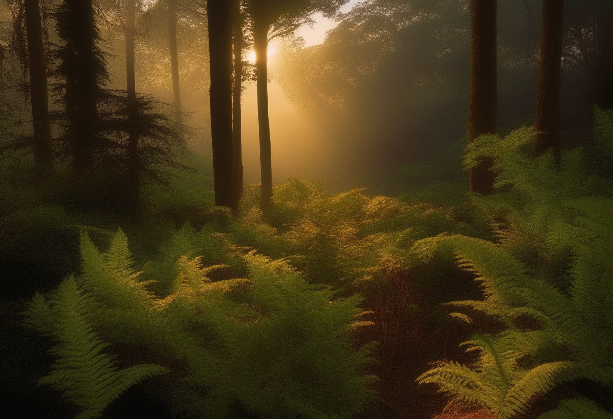 A lush forest at dusk, with tall oak trees and ferns, lit by the setting sun