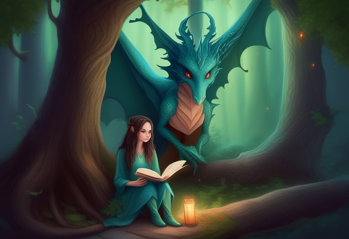 A beautiful young witch with pointed ears, whiskers and blue eyes sits under an oak tree in a lush forest, reading a book of spells. A majestic dragon with green scales and wings folded rests beside her.