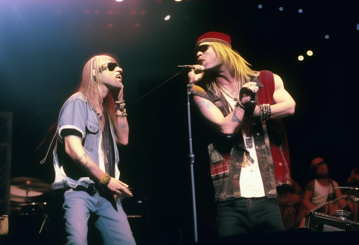 Kurt Cobain of Nirvana and Axl Rose of Guns N' Roses performing live on stage under spotlights, mid-concert, holding microphones