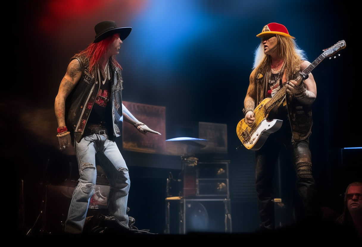 Kurt Cobain and Axl Rose playing electric guitars alongside Slash, who is playing an electric guitar. They are on a stage performing for an audience. The scene is photorealistic with excellent lighting and details.