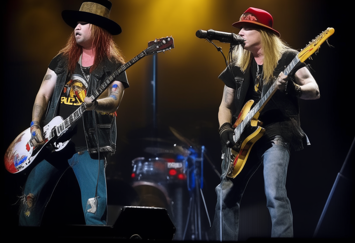 Kurt Cobain, Slash and Axl Rose playing electric guitars on stage.