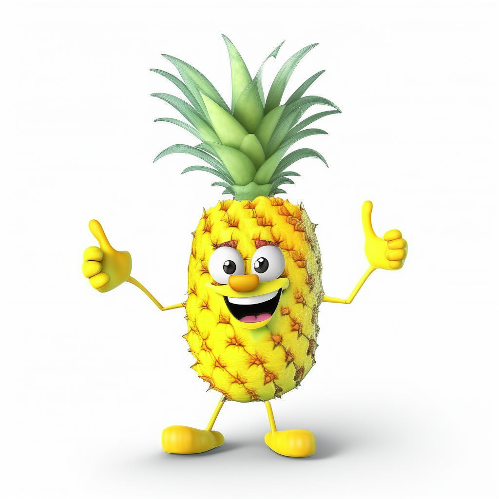 A cheerful pineapple character with arms outstretched, smiling face and playful pose on a white background