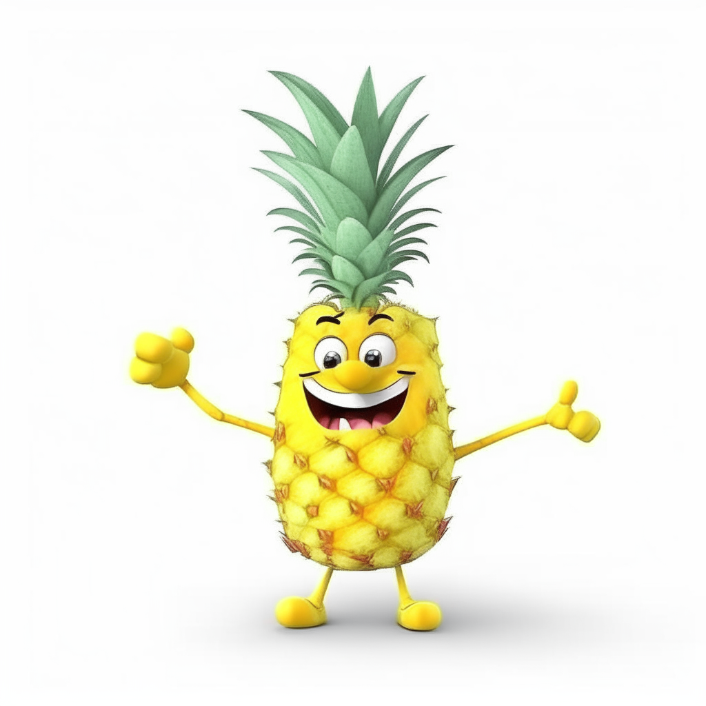 A cheerful pineapple character with arms outstretched, smiling face and playful pose on a white background