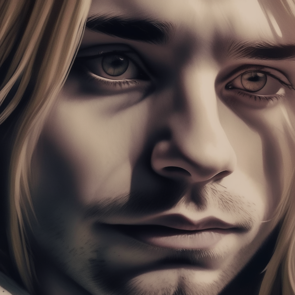 A close-up portrait of Kurt Cobain's face, realistic details, long hair, intense expression