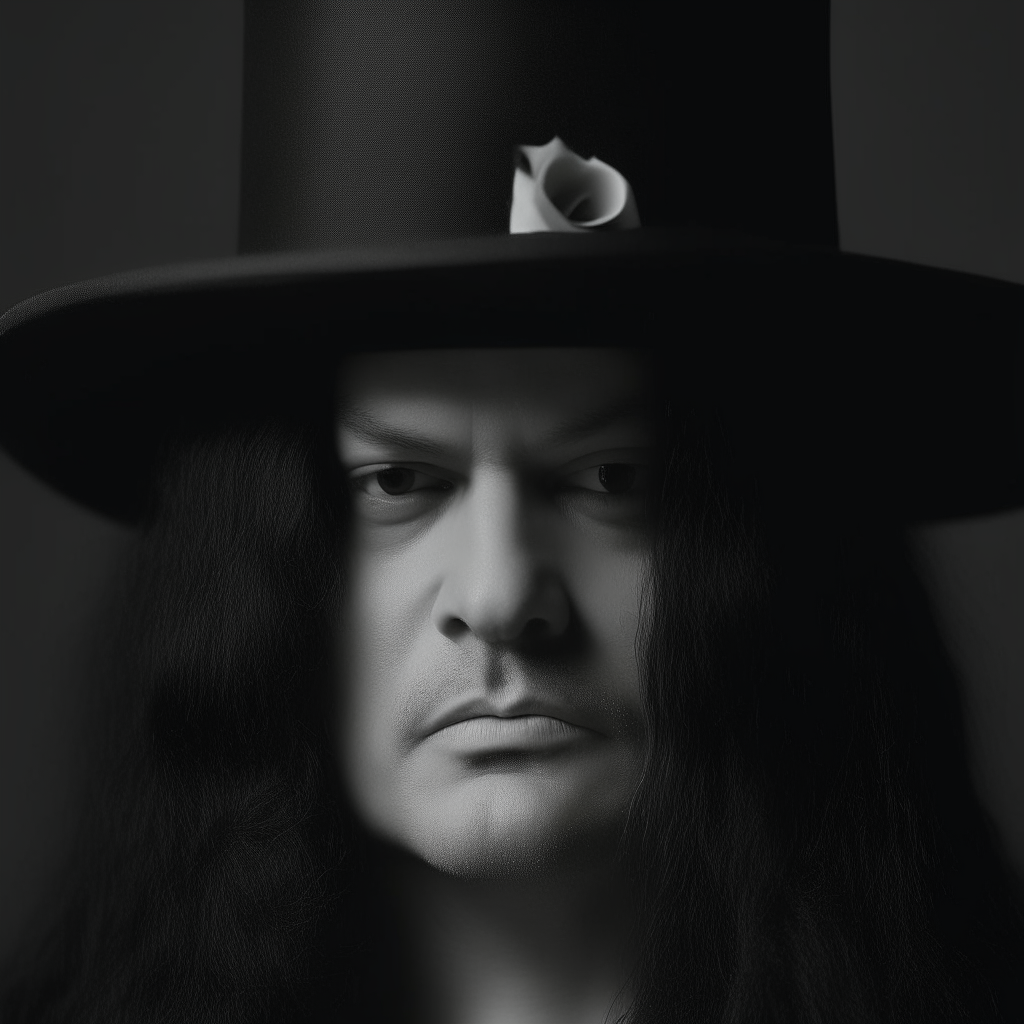 A close-up portrait of Slash's face showing his features and long hair under a top hat