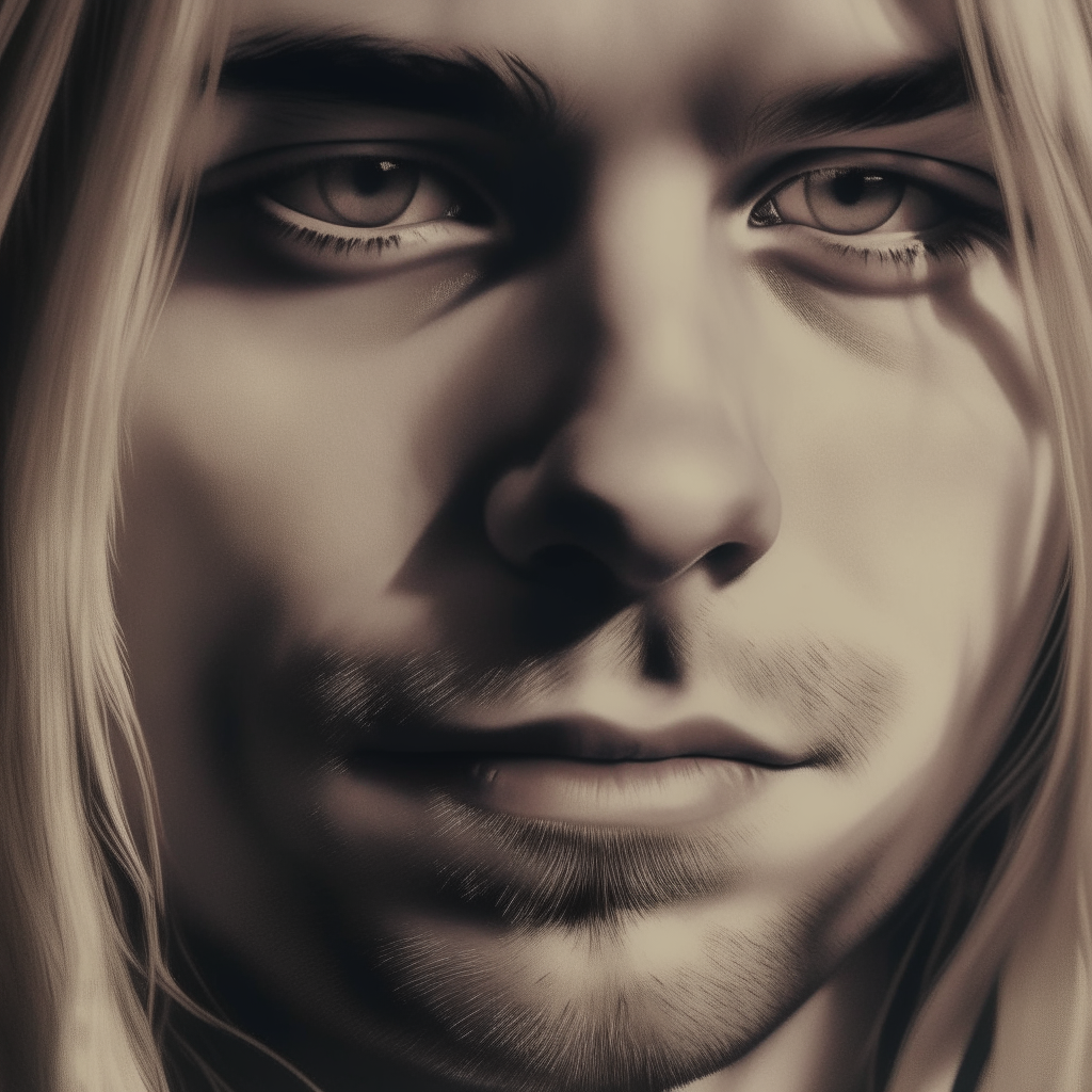 A close-up portrait of Kurt Cobain facing forward, showing his full head of long hair and facial features in high resolution detail