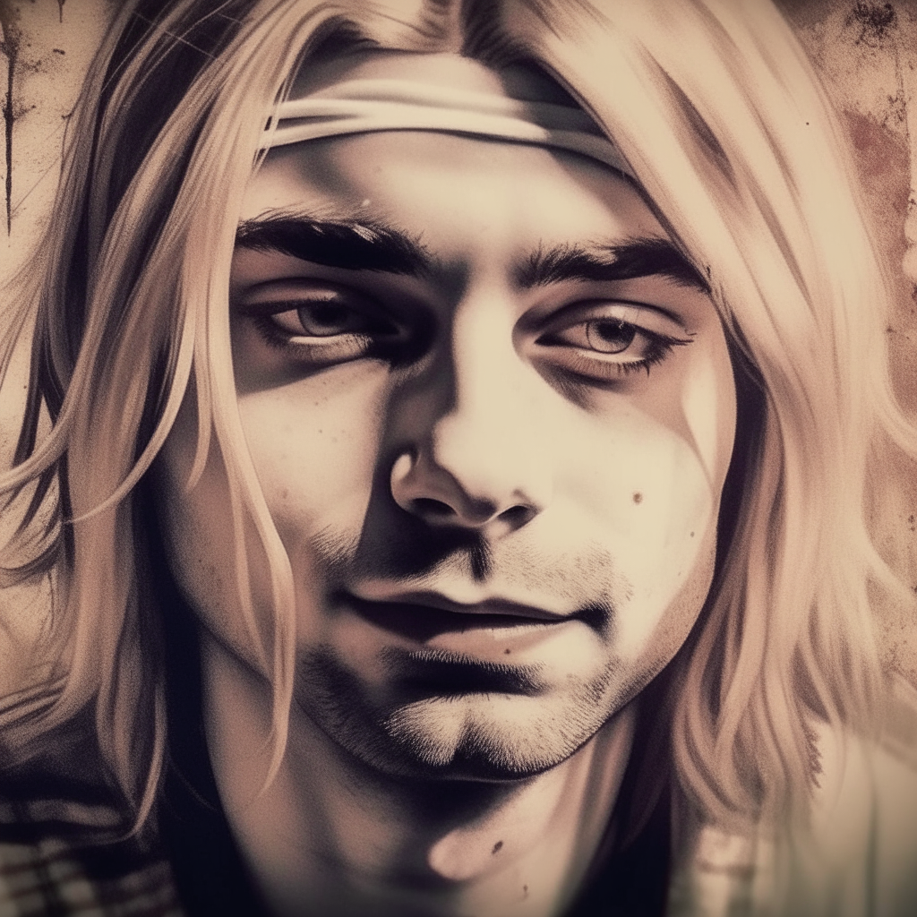 Un retrato cercano de la cara de Kurt Cobain mirando hacia abajo de manera que se vea su frente, cabello y rasgos faciales con detalle