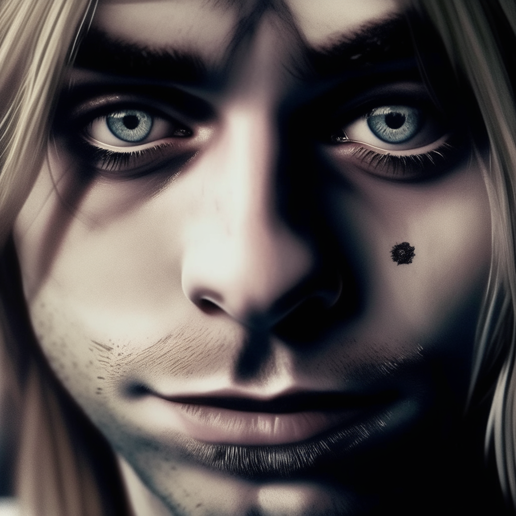 retrato detallado de la cara de Kurt Cobain, enfoque en los ojos y la nariz