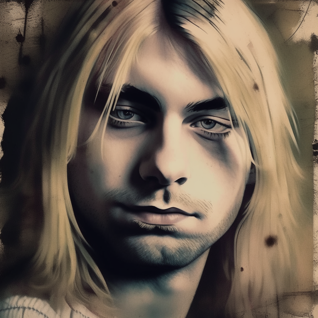 retrato detallado de la cara y el cabello de Kurt Cobain, vista desde arriba