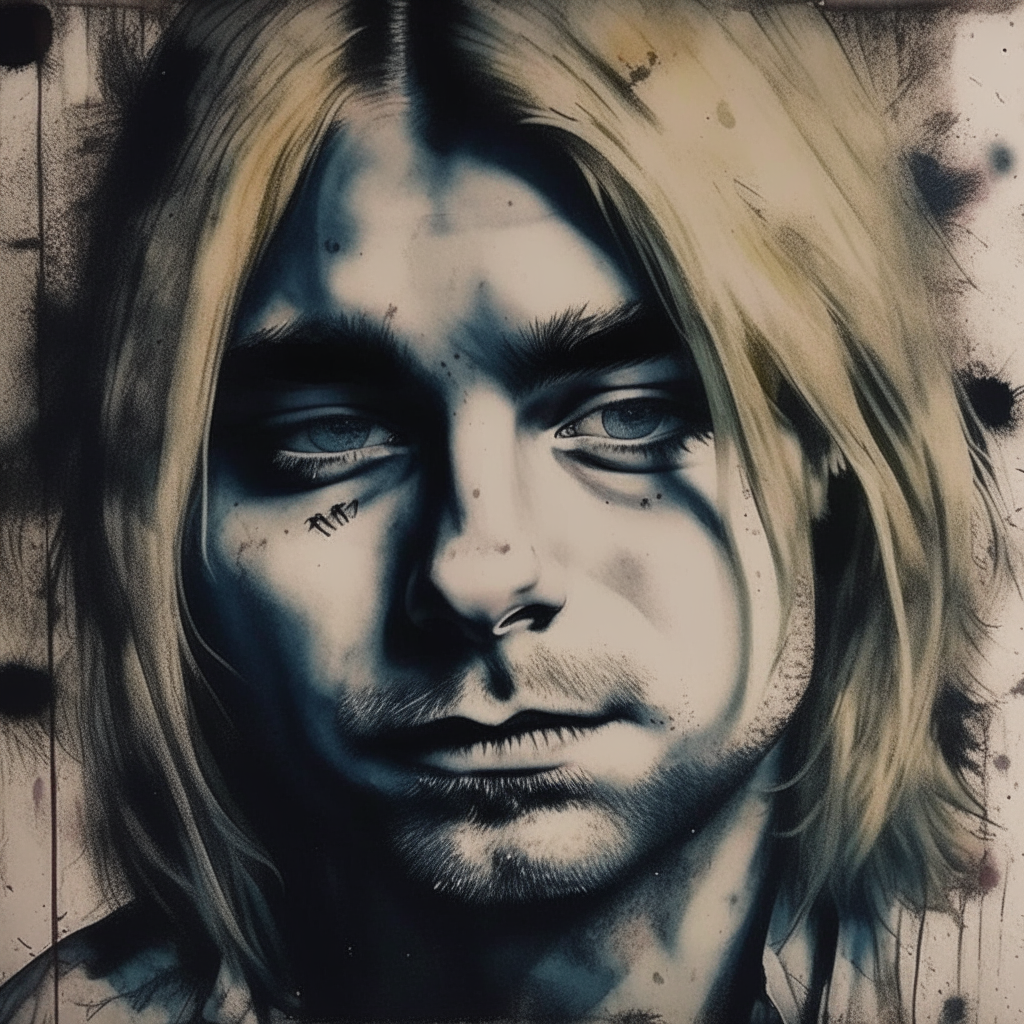 retrato detallado de la cara de Kurt Cobain, enfoque en la boca y la barbilla