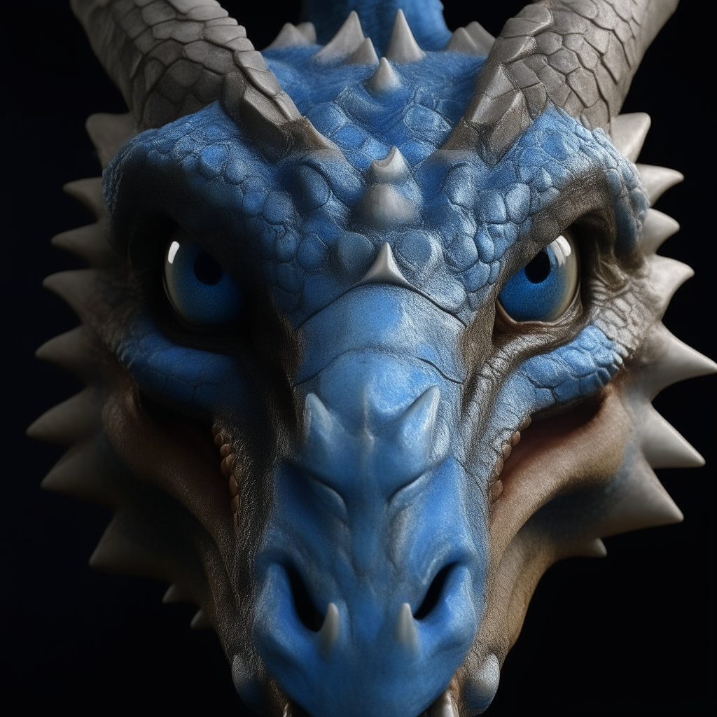 front view of a dragon's head with blue eyes