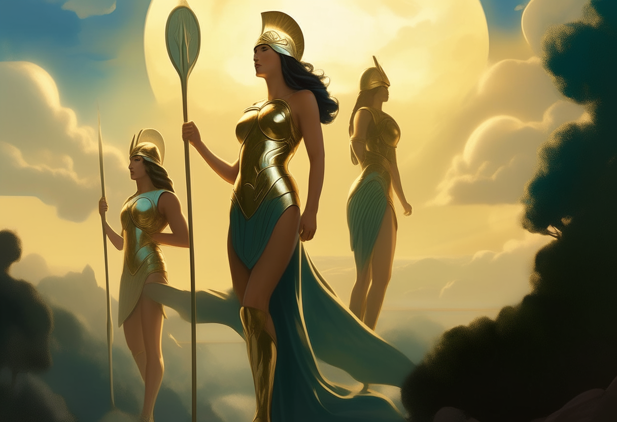 Athena stands amidst greenery holding her spear, wearing armor with her helmet and shield at her feet. Beside her, Hera wears a flowing blue tunic, and Venus stands nearby in a sheer green dress. They gaze upon the landscape lit by soft sunlight in a dramatic style.