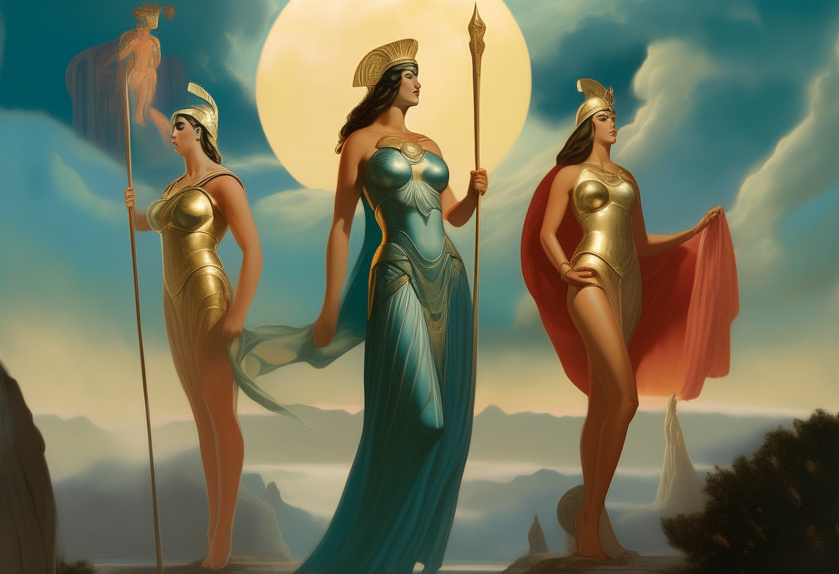 Athena stands holding her spear, wearing a blue tunic and armor. Beside her, Hera wears a green chiton, and Venus stands nearby in a red himation. The goddesses gaze upon the landscape lit by soft sunlight amidst greenery and clouds.