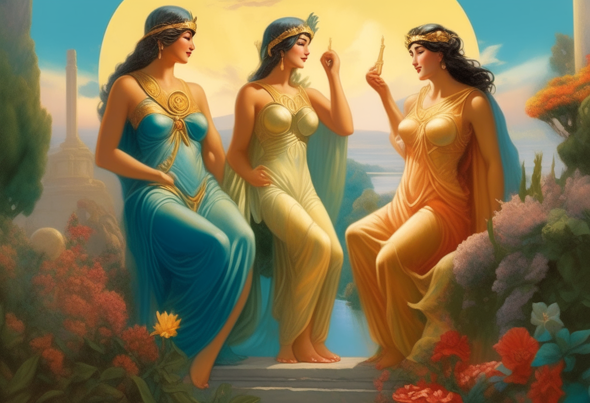 Athena, Hera and Venus chat happily amidst lush greenery and colorful flowers in a heavenly garden, their flowing chitons and himations detailed in the soft sunlight.