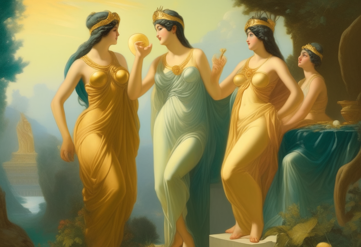 Athena, Hera and Venus chat happily amidst lush greenery, their flowing chitons and himations detailed in the soft sunlight. Nearby, the young man Paris stands holding a large golden apple.